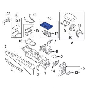 Center console trim with cup holder Ford Edge 19-21 black, without parking sensors