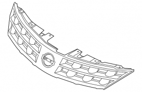 The radiator grille of the Nissan Murano z50 2007 has peeling chrome and a crack.
