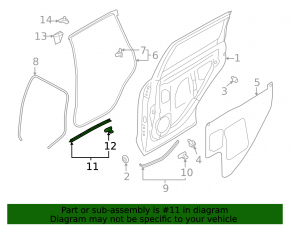 Subaru Forester 25-26 rear left door seal, lower, large, fasteners are torn
