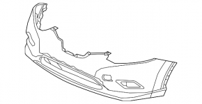 Bare front bumper for a 14-16 Nissan Rogue without a license plate, black, dented, with tears, broken fasteners, filed down, and scratches.