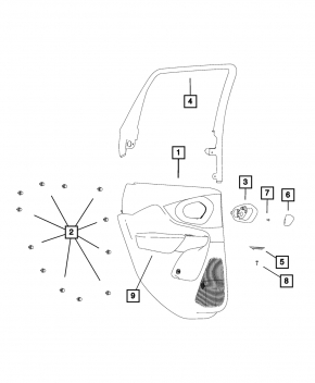 Door trim card rear left Jeep Cherokee KL 14-18 black with beige insert leather, armrest black leather, molding dark wood, dents, scuffs, scratches, abrasions