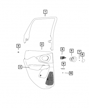 Jeep Cherokee KL 19-22 black rear right door panel with black leather insert, leather armrest, gray molding