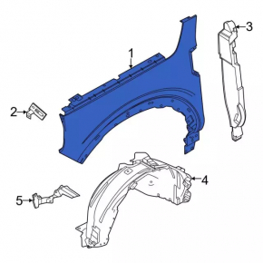 Front right fender of a 2015 Ford Bronco Sport, orange SB, bumps, dent