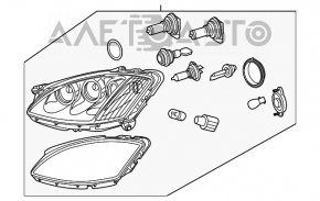 Mercedes W221 07-09 right front headlight, bare bi-xenon, broken mounts, chipped, missing cover
