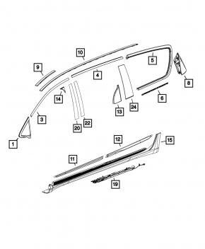 Chrysler Pacifica 20-24 rear right window molding, chrome, worn