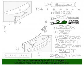 Lincoln MKZ 2.0 AWD ECO BOOST Trunk Lid Emblem 13-16