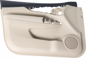 Front left door panel for Nissan Rogue 17-20, beige with black leather insert, beige leather armrest, with memory foam insert, worn, dry-cleanable