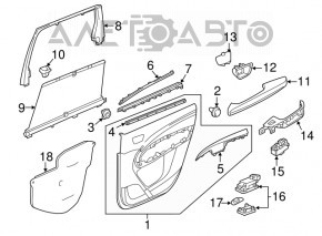Door trim card rear right Acura MDX 14-20 gray with gray insert leather, armrest leather, molding under wood gloss, curtain, scratches