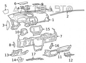 The front dashboard panel with AIRBAG Jeep Cherokee KL 19-19 is black, the air duct mounts are broken