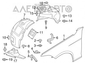 Front left fender liner, lower part, BMW 3 F30 12-18, tears, worn