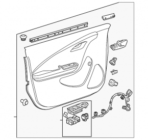 Door trim card front right Chevrolet Volt 11-15 black, with individual light green insert, BOSE, leather armrest, dent, scratches, abrasions, cracked insert