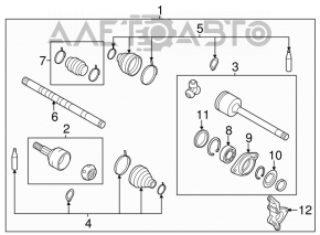 The front left half-shaft of a Nissan Murano z51 09-14 has a torn inner CV joint boot.