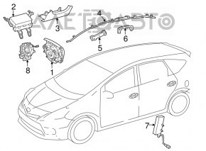 The driver's side airbag in the Toyota Prius V 12-17 is black, scratched, and has a rusty squib.