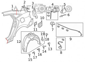The rear right fender liner of a Honda Insight 19-22 is dented.