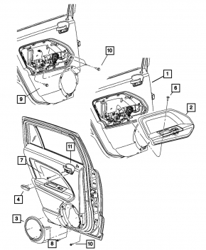 Door trim card rear left Jeep Compass 11-16 black with black insert plastic, armrest black plastic, scratches, abrasions