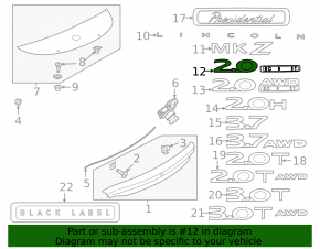 Emblem inscription 2.0 ECO BOOST trunk lid Lincoln MKZ 13-16