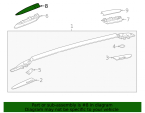 The front left longitudinal roof rail cover for a Toyota Rav4 13-18 has a broken mount.