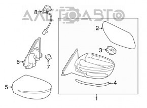 Side mirror right complete Nissan Rogue 14-16 11 pins, camera, rotation, heating, graphite
