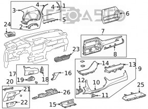 Right front panel trim for Toyota Highlander 20-22 with molding for 12.3" display, Limited