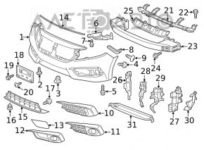 Bumper grille right Honda Civic X FC 16-19 structure without fog lights