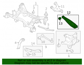 The lower rear left transverse control arm of a Subaru Outback 15-19 is dented.