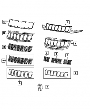 Jeep Grand Cherokee WK2 16-22 radiator grille inserts, 7-piece set, gray