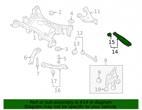 The lower rear left control arm of a Subaru Impreza WRX GH 08-14 is rusty.