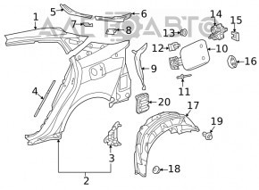 Quarter wing rear right Toyota Prius 50 16-18 under BSM on the body, black, butt