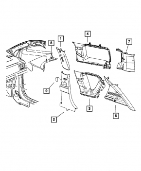 Center pillar trim upper belt right Jeep Patriot 11-17 gray