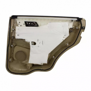Door trim card rear left Ford Explorer 16-19 rest, beige, cloth insert, leather armrest, needs cleaning, scratches, broken mount, crack