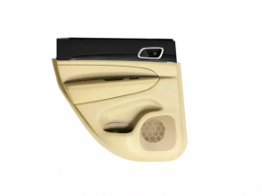 Door trim panel rear left Jeep Grand Cherokee WK2 20-22 beige, with beige and black leather insert, armrest leather beige, molding dark wood, with handle, scratches, worn, whitened layer