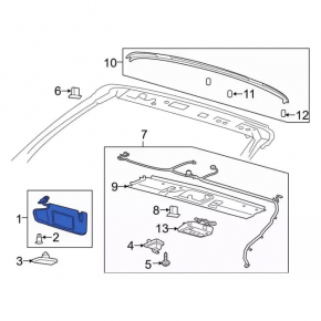 Right visor for Ford Mustang mk6 15-coupe, black, without hook, with backlight, without plug