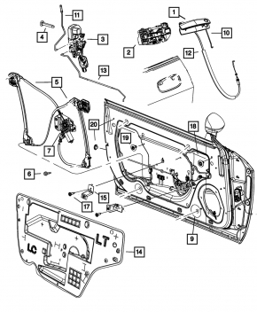09-14 Dodge Challenger front left door lock type 2, missing element, broken cable mount