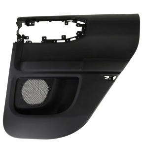 Black rear right door panel for a 2021 Ford Bronco Sport with a handle, gray molding, black leather armrest, plastic insert, scratches, worn, whitened plastic