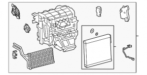 The bare heater housing of a Toyota Camry v70 18-22 hybrid air conditioner without rear row air conditioning, without radiators and actuators.