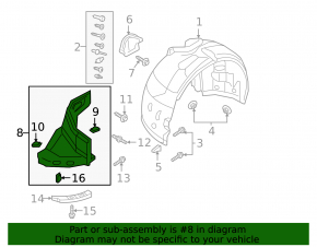 Front right fender liner, front part of Audi A4 B9 17-25, torn fastener