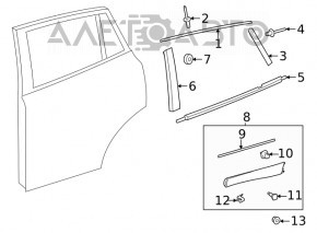 Toyota Venza 21-24 black gloss front side door trim, left rear, scratches, broken fasteners, glued