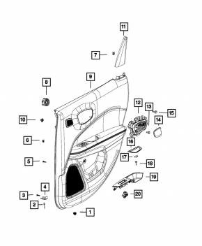 Black door trim panel, rear left, Jeep Compass 22-25, gray cloth insert for the tweeter