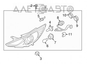 Front left headlight Hyundai Sonata 11-15 hybrid halogen, scratches, faded