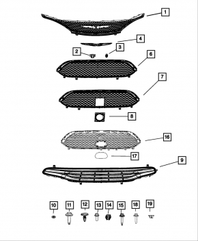 Lower grille of the front bumper central Chrysler Pacifica 17-20 under fog lights without radar, cracks, missing elements, broken fasteners