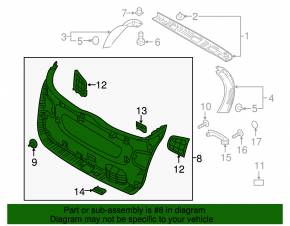 Kia Sorento 16-20 black lower tailgate trim with handle, scratch on handle, worn