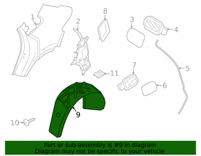 The rear right fender liner of a Porsche Cayenne 19-23 has torn fasteners.