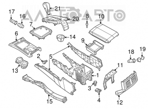 Central console with armrest and cup holders for a 2014 Dodge Challenger (pre-restored) in black