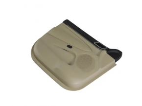 Beige front left door panel for Jeep Grand Cherokee WK2 19-22, with beige and black leather inserts, beige leather armrest, dark wood molding, with handle, scratches, dents, needs cleaning