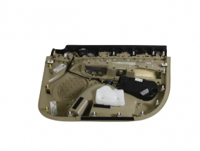 Beige front left door panel for Jeep Grand Cherokee WK2 19-22, with beige and black leather inserts, beige leather armrest, dark wood molding, with handle, scratches, dents, needs cleaning