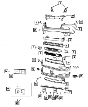 Front bumper bare upper part Jeep Cherokee KL 14-18 without parking sensors, under the plug towing hook,