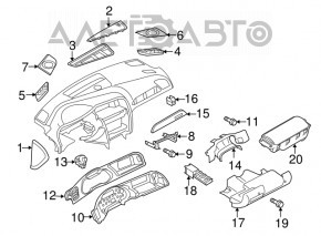 The front panel trim of the instrument panel frame of the Audi A4 B8 08-15 is gray, with an air duct, a crack in the mount
