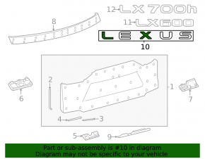 The emblem with the inscription "LEXUS" on the trunk door of the Lexus LX600 LX700h 22-25