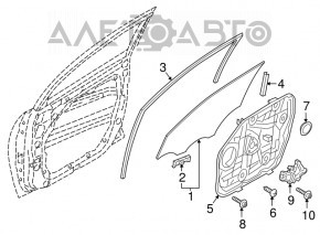 The front right window lift mechanism of a Hyundai Tucson 16-21 has a broken mount.