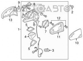 Right side mirror assembly for Audi A4 B9 17-19, 13 pins, heated, aspherical, turn signal, memory